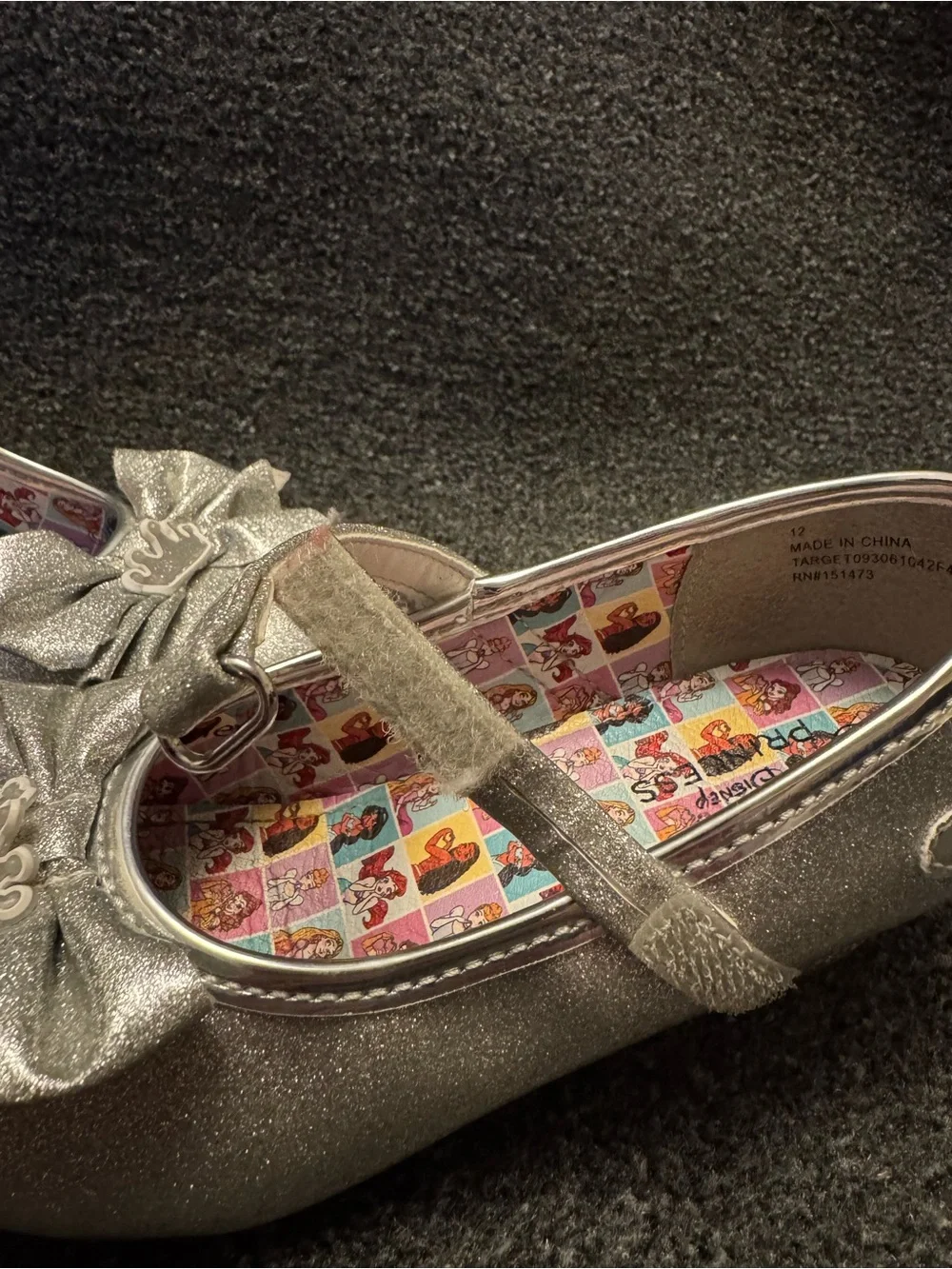 Disney Princess Girls Silver Glitter Mary Jane Heels with Bow & Crown Size 12